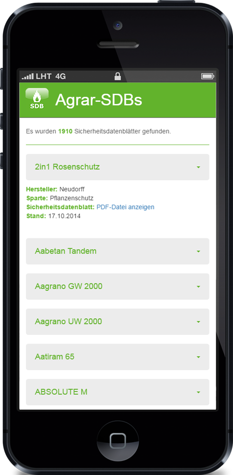 Agrar-SDB App – Suchergebnisse